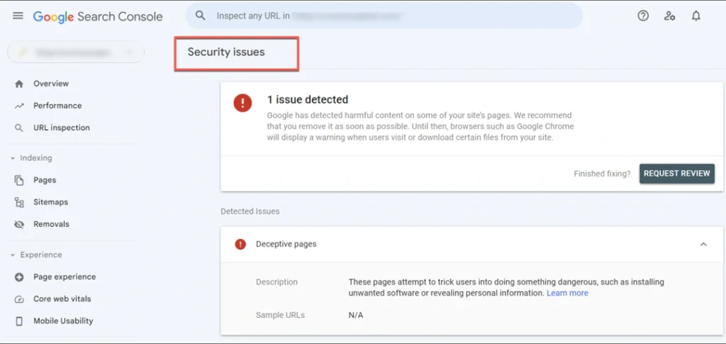 example of google search console found security issues