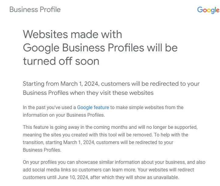 google business profile website shutdown