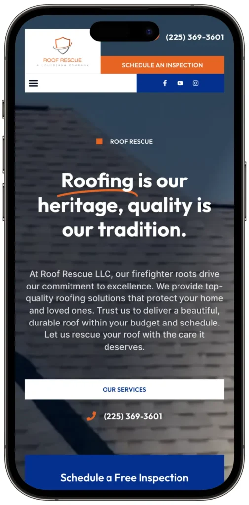 roof rescue website design project on iphone 14 pro mockup