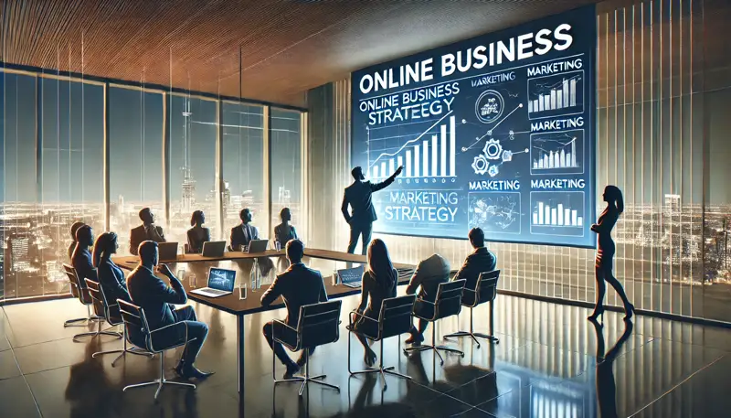 dall·e 2024 08 07 21.35.21 a professional presenting an online business strategy to a group with a projector screen showing marketing graphs. the scene is set in a sleek confere