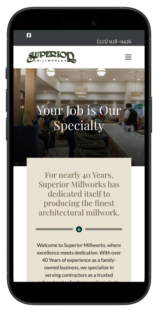 superior millworks baton rouge new website as seen on mobile device